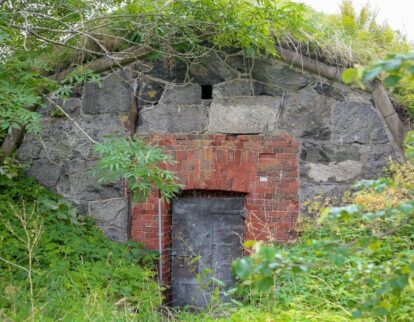 Gammal stenbyggnad med tegelinfattad järndörr i tät grönska